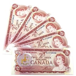 1974 $2 Bank of Canada Lawson-Bouey Signature Notes with Consecutive Serial Numbers RL5728606-10. 5p