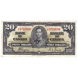 1937 $20 BC-25c, Bank of Canada, Coyne-Towers, J/E3725030, VF. Note contains a hole and a pinhole on