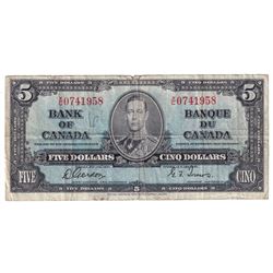 1937 $5 BC-23b, Bank of Canada, Gordon-Towers, X/C0741958, Fine. Note contains some tears along the 