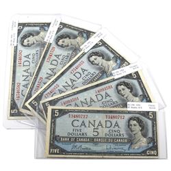 Lot of 1954 $5 Bank of Canada Notes with Prefixes Ending in 'X' - BC-39b R/X, BC-39c T/X, BC-39c U/X