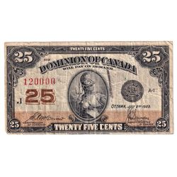 1923 25c DC-24c Dominion of Canada Note with Neat Serial Number 120000, Fine. Note contains a black 