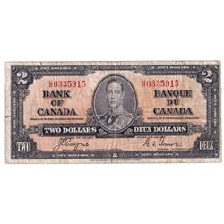 1937 $2 BC-22c, Bank of Canada, Coyne-Towers, K/R0335915, Fine. Note contains some tears and a hole 