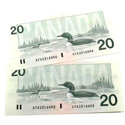 1991 $20 Bank of Canada Knight-Dodge Signature Notes with Consecutive Serial Numbers AYA2316495-96