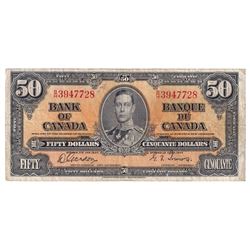 1937 $50 BC-26b, Bank of Canada, Gordon-Towers, B/H3947728, Fine. Note contains a 5mm tear at the bo