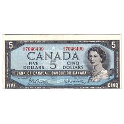 Error! 1954 $5 BC-39b Bank of Canada Note with Cut Out of Register Error, VF. The note contains appr