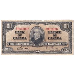 1937 $100 BC-27b, Bank of Canada, Gordon-Towers, B/J3813037, VF. Note is frayed at the top.