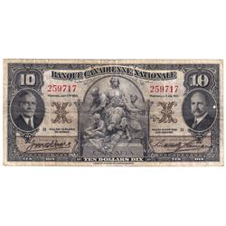 1935 $10 85-14-04, Banque Canadienne Nationale, 259717, VF. Note contains a 5mm tear in upper margin