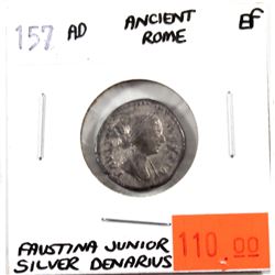 Ancient Silver Denarius, 157 AD Ancient Rome - Faustina Junior in EF Condition.