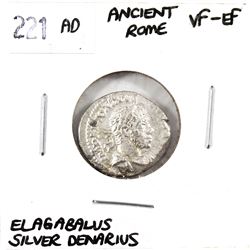 Ancient Silver Denarius, 221 AD Ancient Rome- Elagabalus in VF-EF Condition.