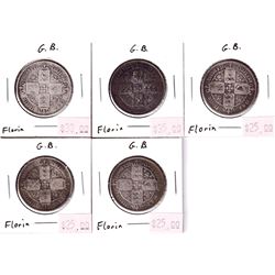 Group Lot 5x Silver Victorian Great Britain Florins in Circ.