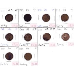 Group Lot 10x Great Britain Farthing dates ranging from 1873-1932. All VF or better!