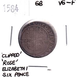 Great Britain 1584 Silver Six Pence Elizabeth I, Rose Variety in VG-F (Clipped)