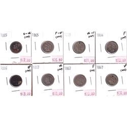 Group Lot 8x USA 3-cent Coins, 1865-1867 Good to VF (all coins impaired)