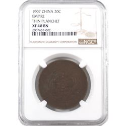 China Empire 1907 20-cent NGC Certified EX 40 Brown. Thin Planchet.