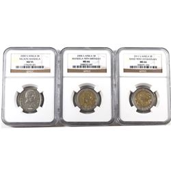 South Africa lot of 3x 5 Rand, 2008 90th Birthday Mandela NGC MS-66, 2011 90th Anniversary of the Ra