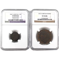 Great Britain 1867 1/4 Penny (Farthing) NGC XF Details (scratch) & 1927 Penny NGC VF-25 Brown.