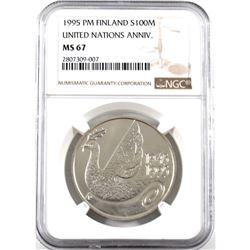 Finland 1995 PM Silver 100 Markkaa United Nations 50th Anniversary Commemorative. NGC Certified MS-6