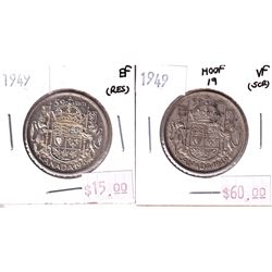 50-cent 1949 Hoof/9 in VF (scratched) and 1949 Regular in EF (tape residue).