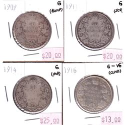 50-cent Lot: 1909, 1911, 1914, & 1916. All coins Good-4 to Good-6 with some minor issues. 4pcs