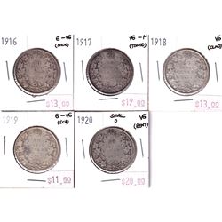 50-cent Lot: 1916, 1917, 1918, 1919, & 1920. All coins Good-6 to VG-10 with some minor issues. 5pcs