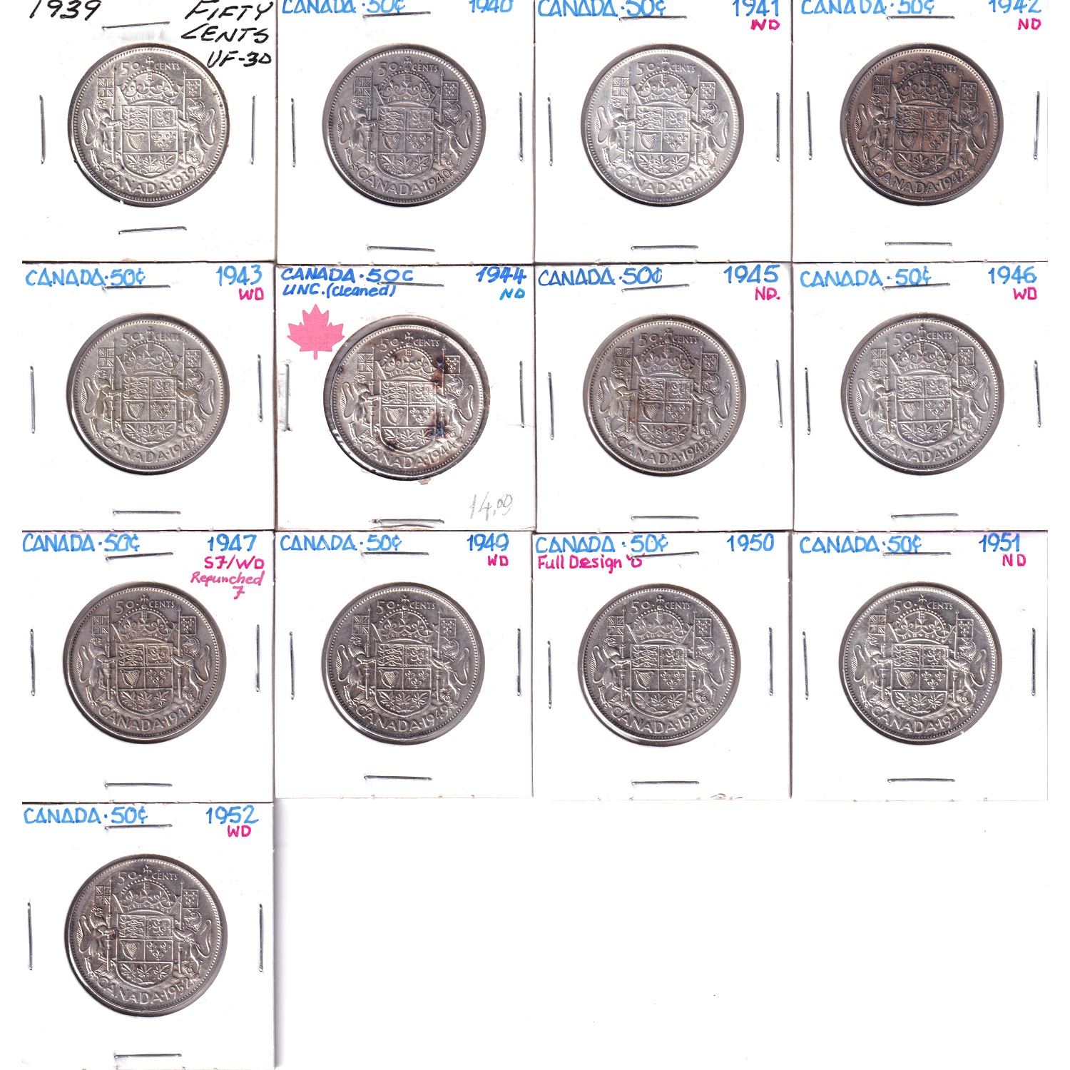 50-cent Lot: 1939 to 1952. You will receive x1 of each date (except ...