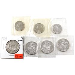 Group Lot 7x Proof Like Silver coins. Lot includes 1963, 1964, & 1965 25-cents, & 1958, 1963, 1965, 