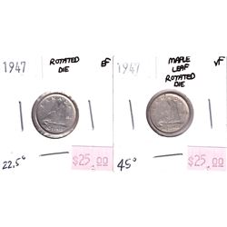 Error: 2x 1947 10-cent with Rotated Dies. 1947 in EF with an approximate 22.5 degree rotation and a 