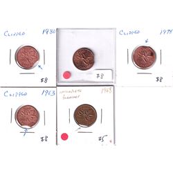 Error: 5x 1-cent with Clipped Planchets, lot includes 1963, 1968, 1977, 1978, 1980. Coins range from