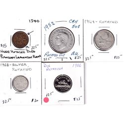 Error: 5x Canadian Coins with Rotated Dies 1940-1966 (22.5 Degrees). 5pcs