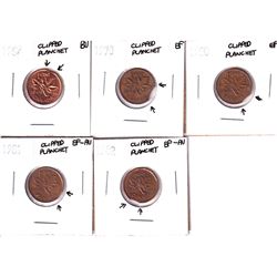 Error: Lot of 5 Canadian 1-cent with clipped planchets, Lot includes 1969, 1970, 1980, 1981, & 1982.