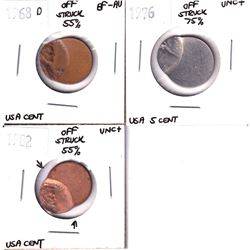 Error: Lot of 3x United States off struck coins 50-75% off strikes! Lot includes a 1968D 1-cent, 198