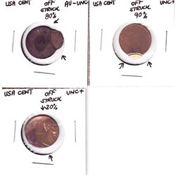 Error: Lot of 3x United States off struck 1-cent coins 30-90% off strikes! Impressive errors! 3pcs