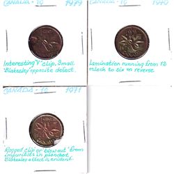 Error: Lot of 3x Canadian 1-cent coins with interesting Planchet flaws. 3pcs
