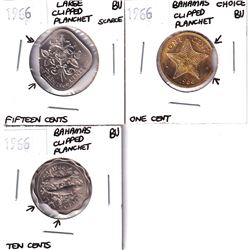 Error: Lot of 3x Bahama's Clipped Planchets. Lot includes a 1966 1-cent, 1966 Scallop Edge 10-cent, 