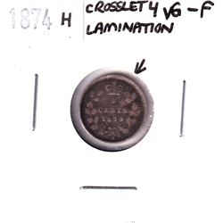 Error: 1874H Silver 5-cent Crosslet 4, with Lamination error on the reverse. Coin is a VG-F conditio