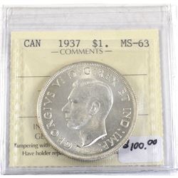 Silver $1 1937 ICCS Certified MS-63. Attractive Bright white coin.