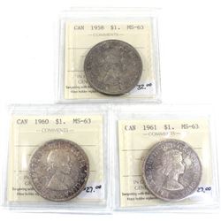 Group Lot 3x Silver $1: 1958, 1960, & 1961 All coins ICCS Certified MS-63. 3pcs