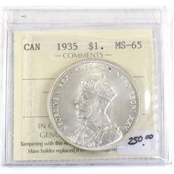 Silver $1 1935 ICCS Certified MS-65. Bright Lustrous coin!