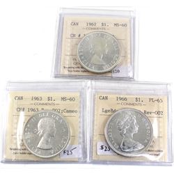 Group Lot 3x Charlton Variety REV-002 Silver $1, 1962 MS-60, 1963 MS-60 Cameo & 1966 Lge Bds PL-65. 