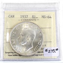 Silver $1 1937 ICCS Certified MS-64 Blast White! Great eye Appeal!