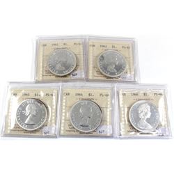 Group Lot 5x Silver $1: 1961, 1962, 1963, 1964, & 1966 All coins ICCS Certified PL-64! 5pcs