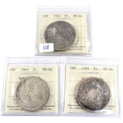 Group Lot 3x Silver $1: 1963, 1965 SmBds Ptd.5, 1966 LgBds.All coins ICCS Certified MS-64 (toned). 3