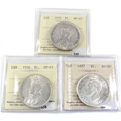 Group Lot 3x Silver $1: 1935 EF-45, 1936 EF-45 & 1937 AU-55 All coins ICCS Certified!. First 3 years