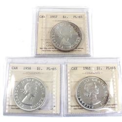 Group Lot 3x Silver $1: 1957, 1958 Cameo, & 1961 Cameo All coins ICCS Certified PL-65. 3pcs