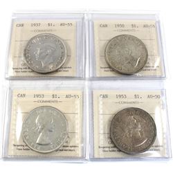 Group Lot 4x Silver $1: 1937 AU-55, 1950 AU-55, 1953 SF AU-50, 1953 NSF AU-55. All coins ICCS Certif