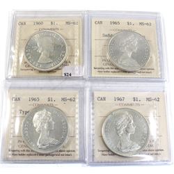 Group Lot 4x Silver $1: 1960, 1965 T2 Cameo, 1965 T5 Cameo, & 1967. All coins ICCS Certified MS-62. 