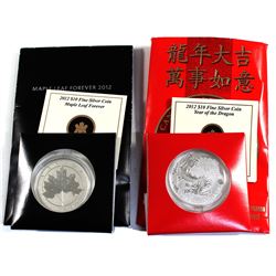 2x $10 Royal Canadian Mint Fine Silver Coins. Lot includes 2012 Maple Leaf Forever, & 2012 Dragon. 2