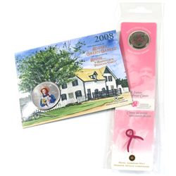2006 Canada Tri-coloured Pink Ribbon 25-cent with Bookmark (coin contains some green residue) & 2008