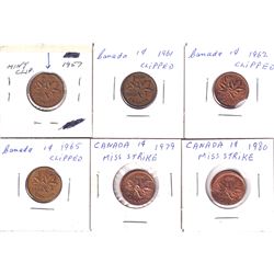 Canada 1957-1980 Clipped & Mistrike 1-cents. Dates include 1957, 1961, 1962 & 1965 clipped 1979 & 19