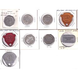 9x Trade Tokens: 23 Market Street Purity Milk Products, Elm Avenue Dairy Elmsdale N.S., Fairview Far